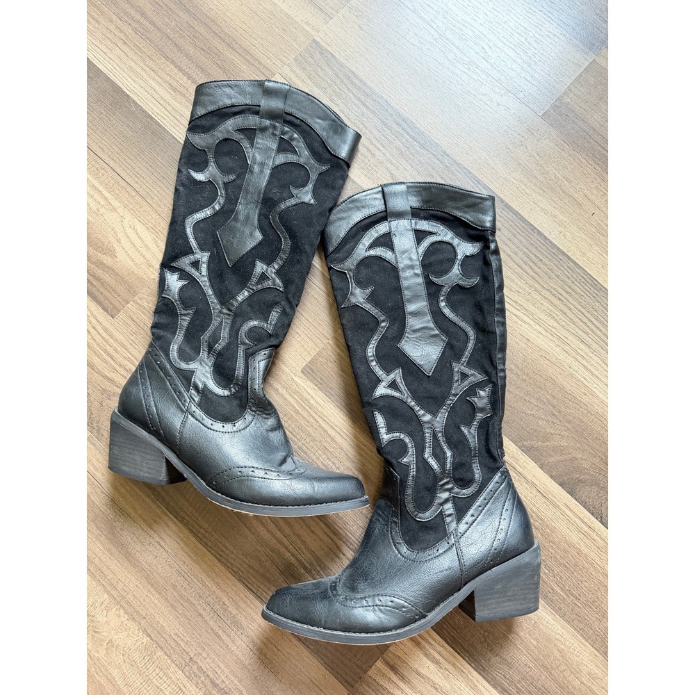 Western Boots Women 6.5 Black Good Gothic Scrollwork Mid-Calf COWBOY-20